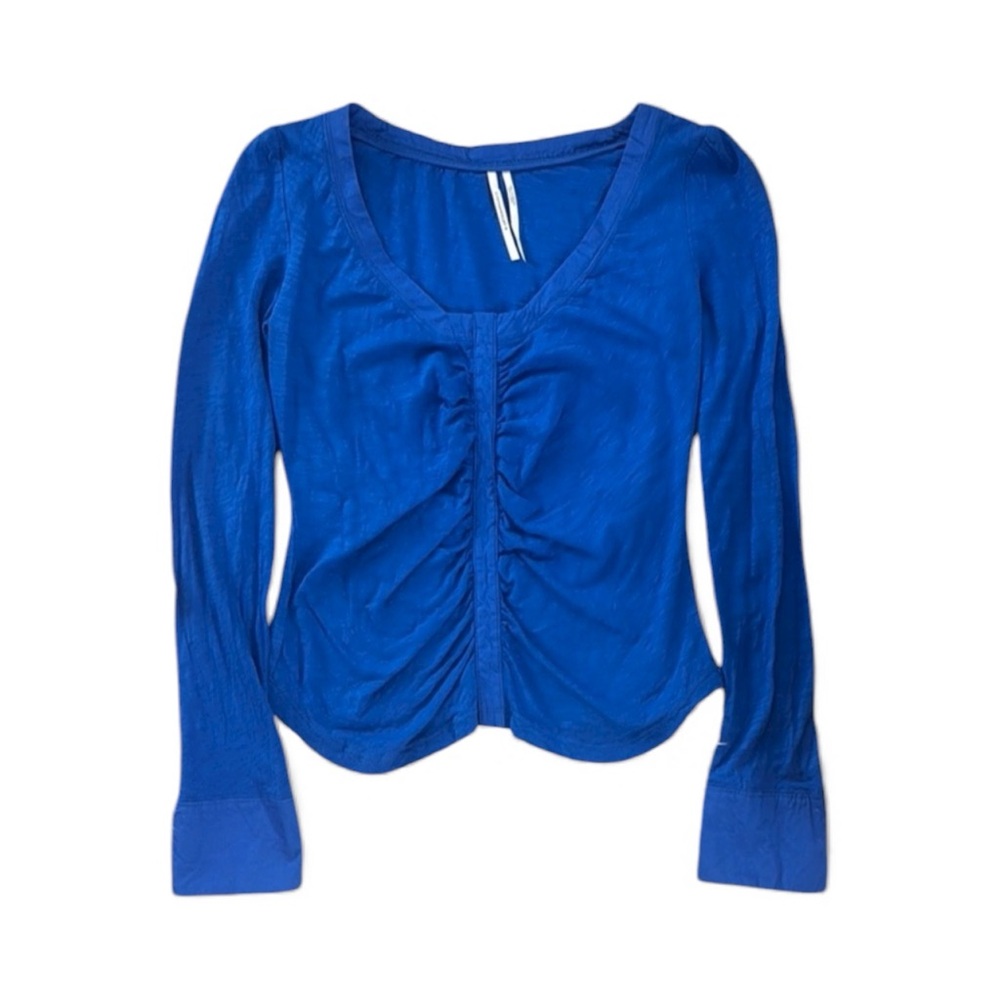 Anthropologie Royal Blue Ruched Long-Sleeve Top Luxe Sculpted Minimalist Chic
